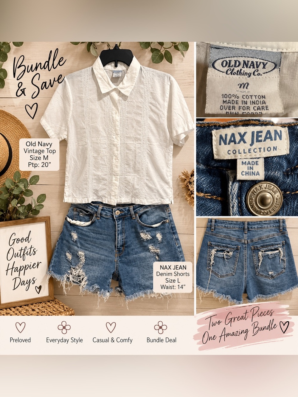 🤍 Old Navy Vintage Top + Wax Jean Distressed Shorts Bundle
Preloved  2-piece M/L